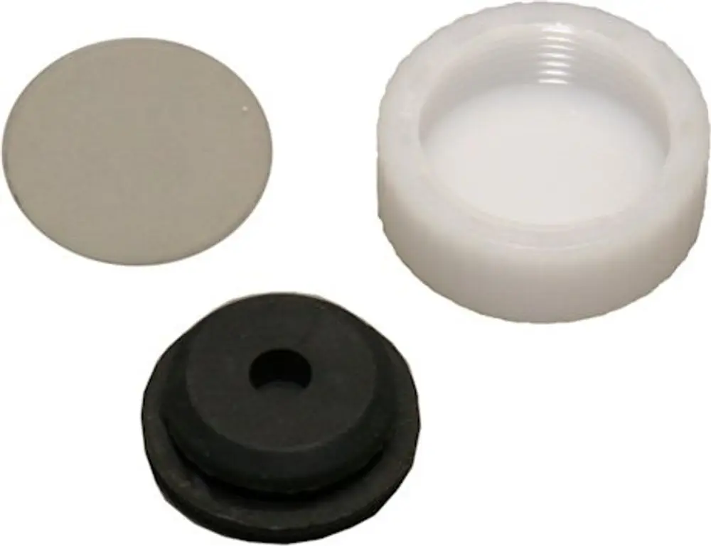 Verschlussstopfen-Set von Bosch, bestehend aus einer weißen Schraubkappe, einer grauen metallischen Scheibe und einem schwarzen Gummistopfen zur Abdichtung.